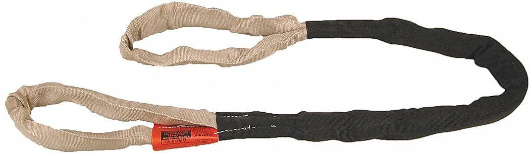 Tan polyester roundsling with nylon cover, eye-and-eye ends, ten foot length, twelve inch eyes, three and a half inch width under load