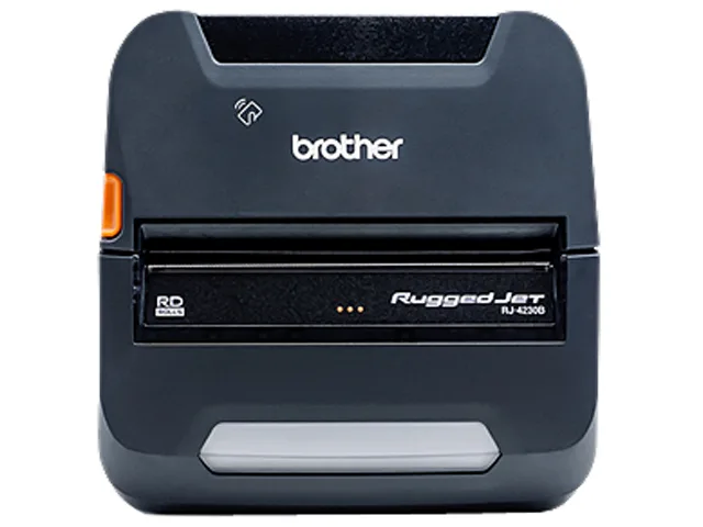 Compact black mobile receipt printer with rubberised housing and drop-in paper roll visible