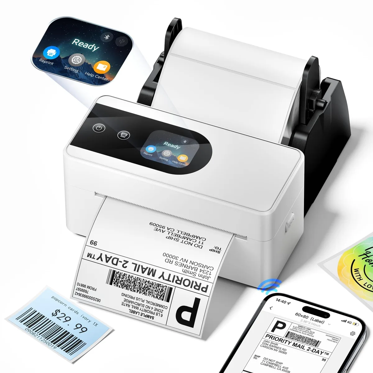 Compact white thermal label printer with touch screen, 6.63 by 3.25 by 2.94 inches