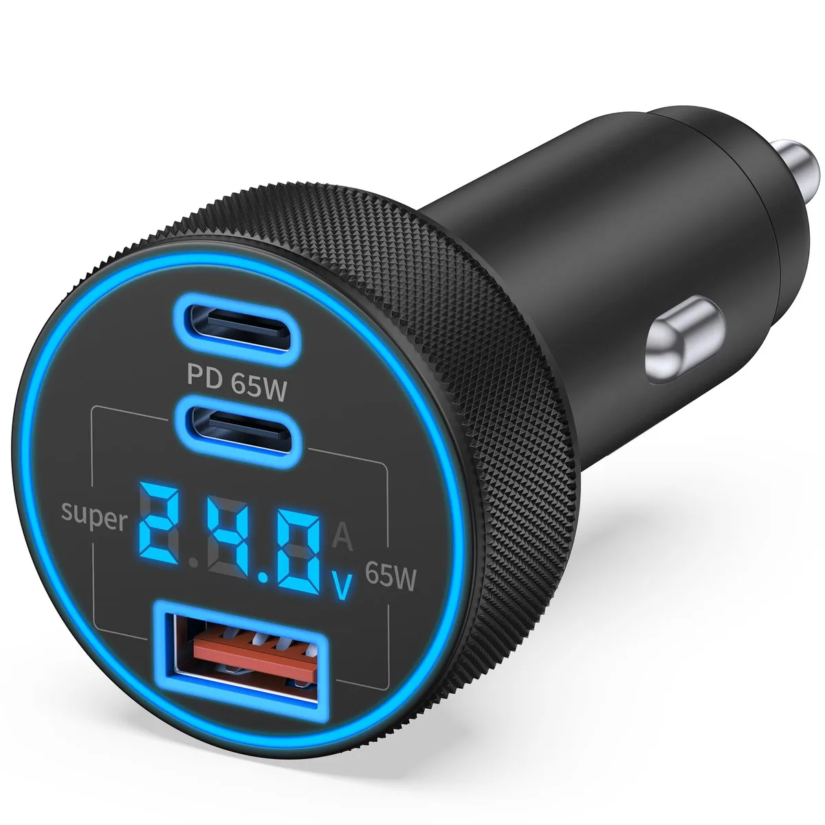 Compact all-metal car charger with three ports and a voltage display