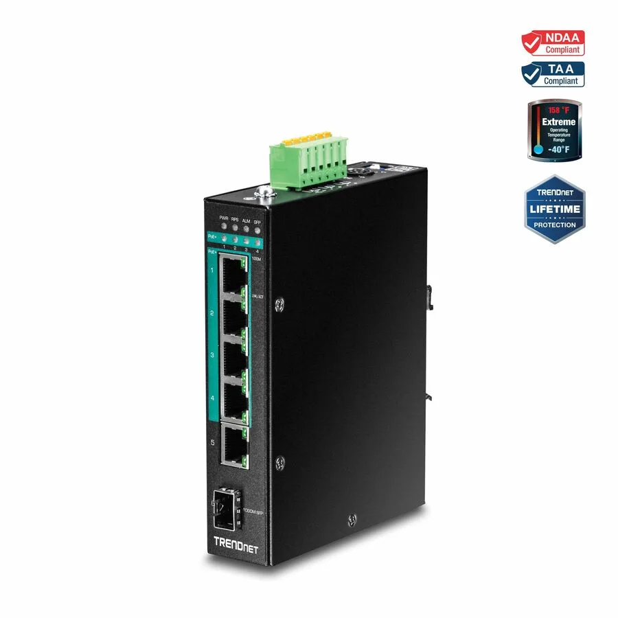 TRENDnet TRENDnet TI-PG541i 6-port hardened industrial Gigabit PoE+ managed DIN-rail network switch — product photo
