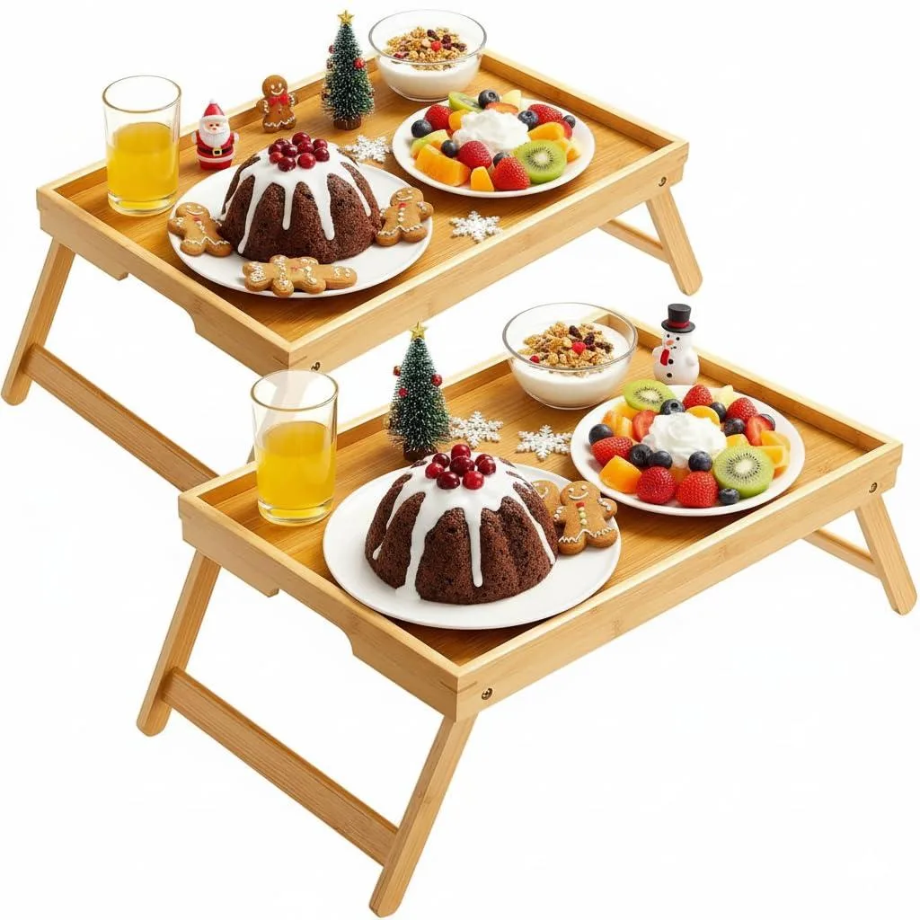 Two natural bamboo bed trays with folded black legs and raised edges side by side