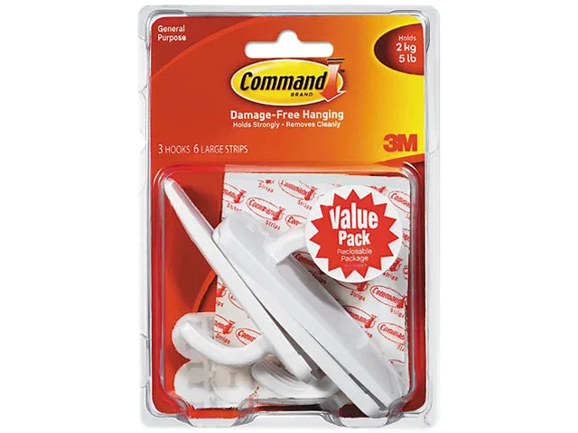 Three white plastic adhesive hooks on a card