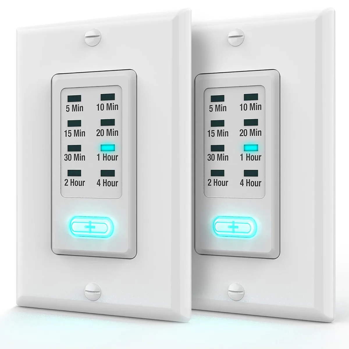 Two white in-wall timer switches with illuminated buttons and wall plates