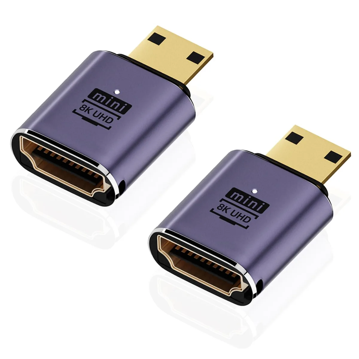 Two purple Mini HDMI to HDMI adapters with aluminium bodies