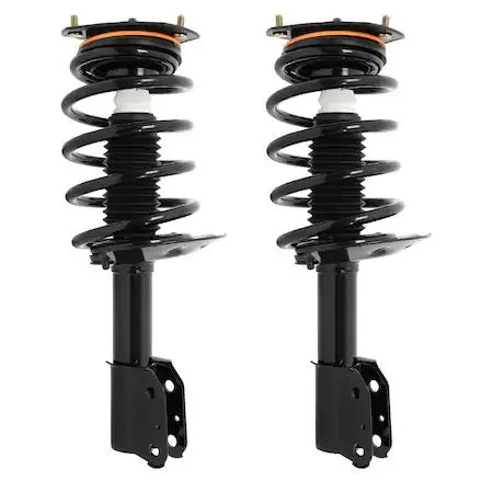 Two silver metal strut assemblies with coiled springs and top mounts side by side