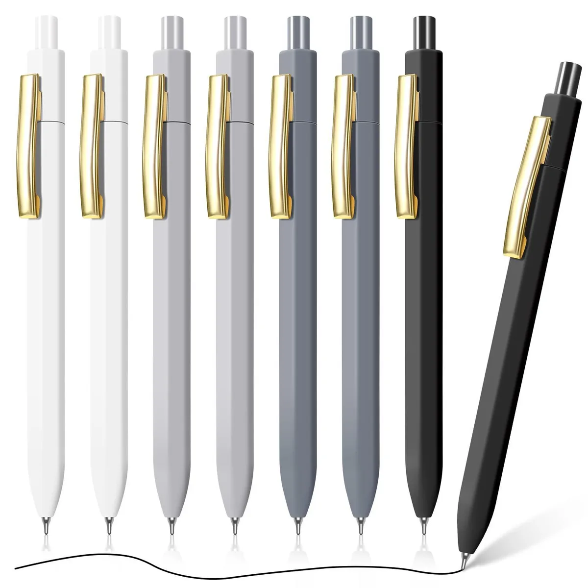 Eight retractable blue ballpoint pens, plastic barrels, 0.7 mm tip