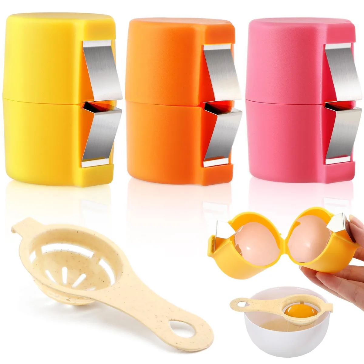 Three coloured egg openers in pink yellow orange plus a yellow separator tool