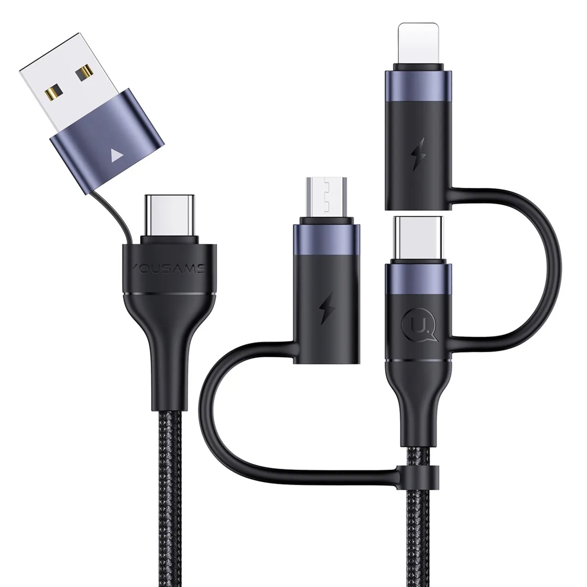 Black braided 5-in-1 USB-C cable with interchangeable tips, 1.2 m