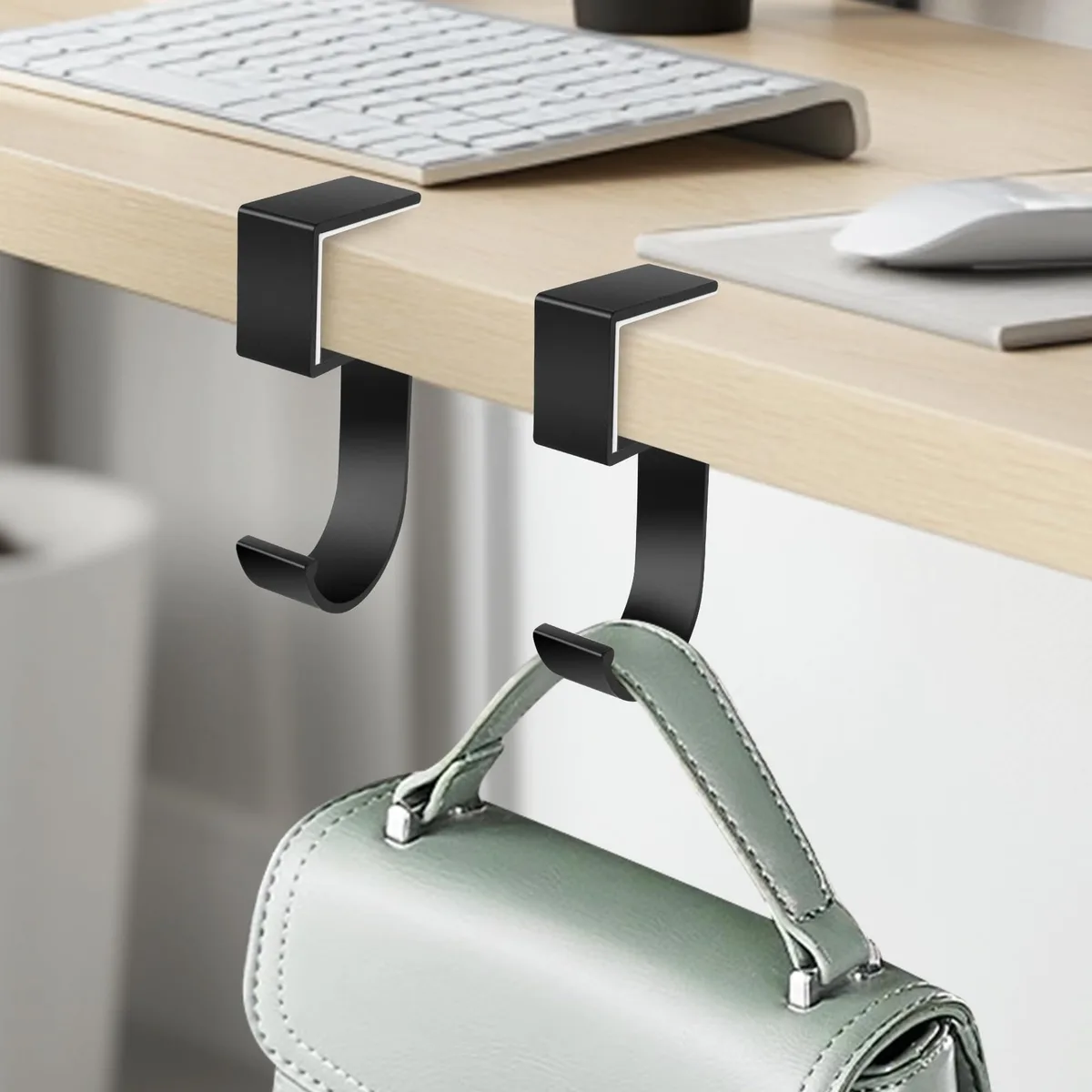 Two aluminium-alloy purse hooks with rubber backing pads, clamp-on design