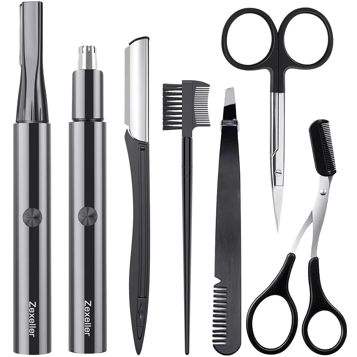 Black cylindrical grooming trimmer with five interchangeable heads and USB charging cable