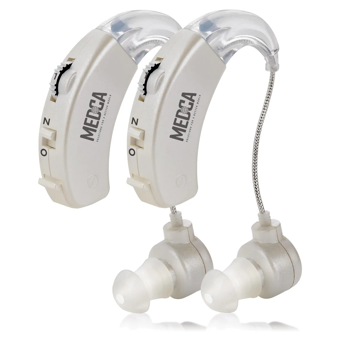 White behind-the-ear sound amplifier with volume control