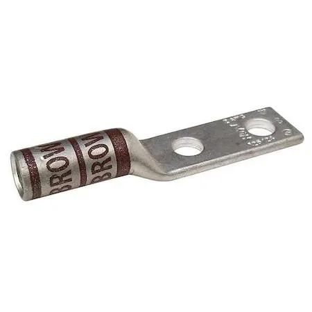 Copper two-hole compression lug, long barrel, brown colour code, #10 stud holes