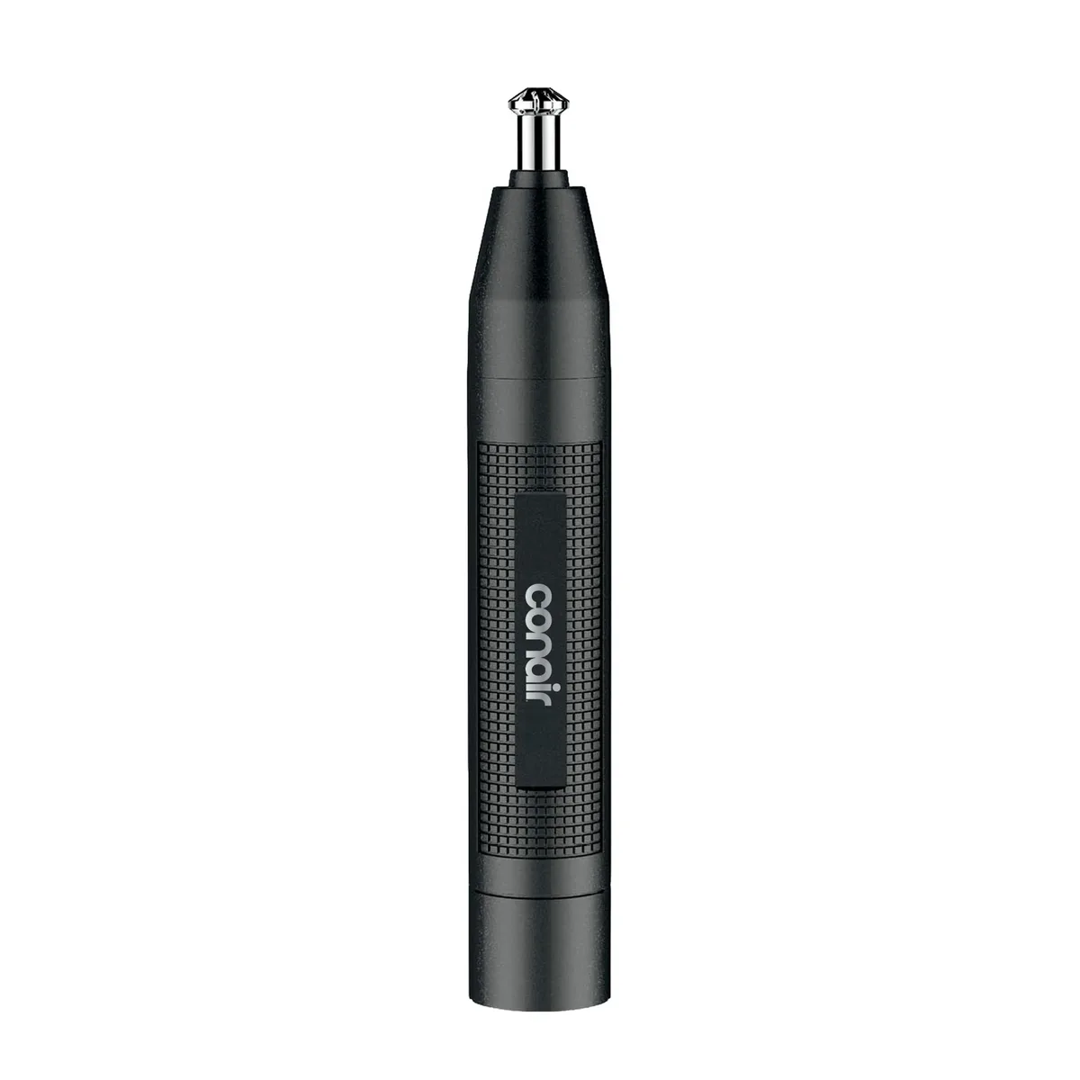 Black cordless nose and ear trimmer with 360° beveled blade and drawstring pouch