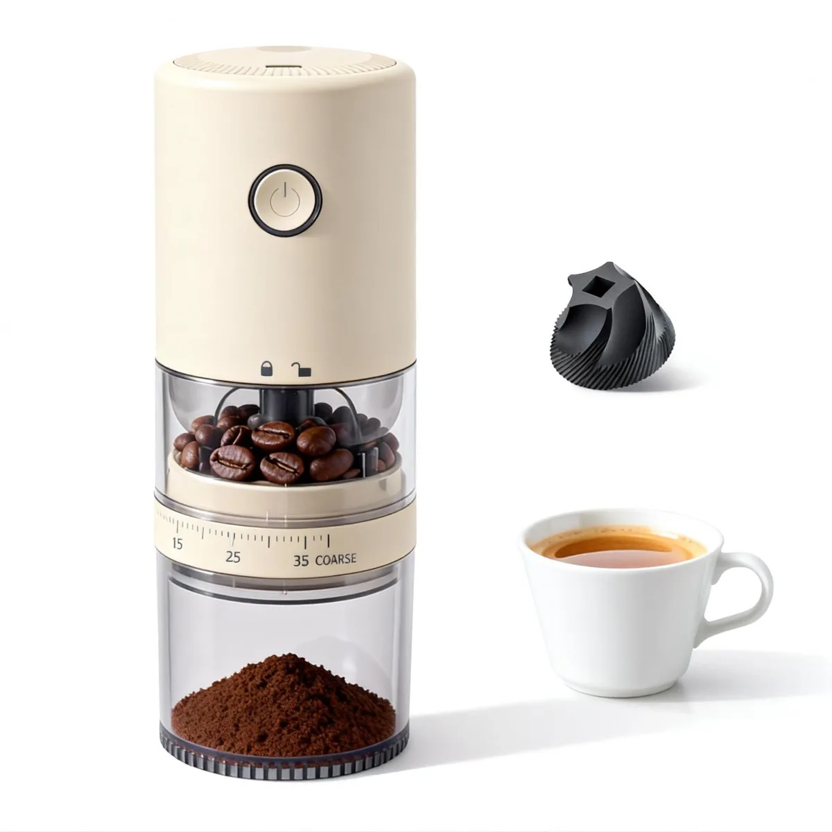 Light beige cylindrical coffee grinder with transparent hopper and USB-C port