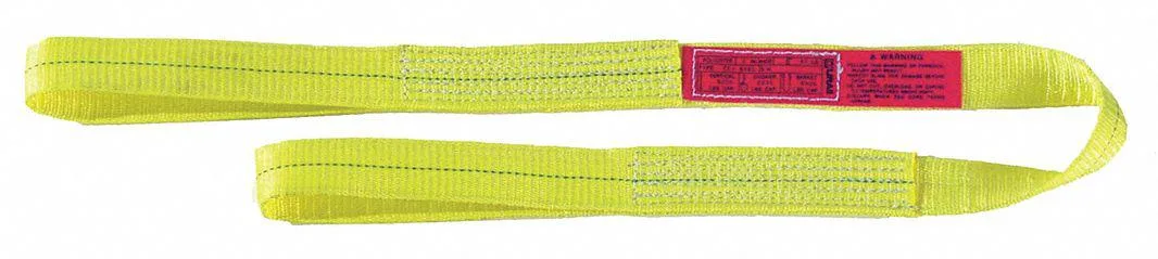 Yellow polyester web sling, 12 ft long, 1 in wide, flat eye ends