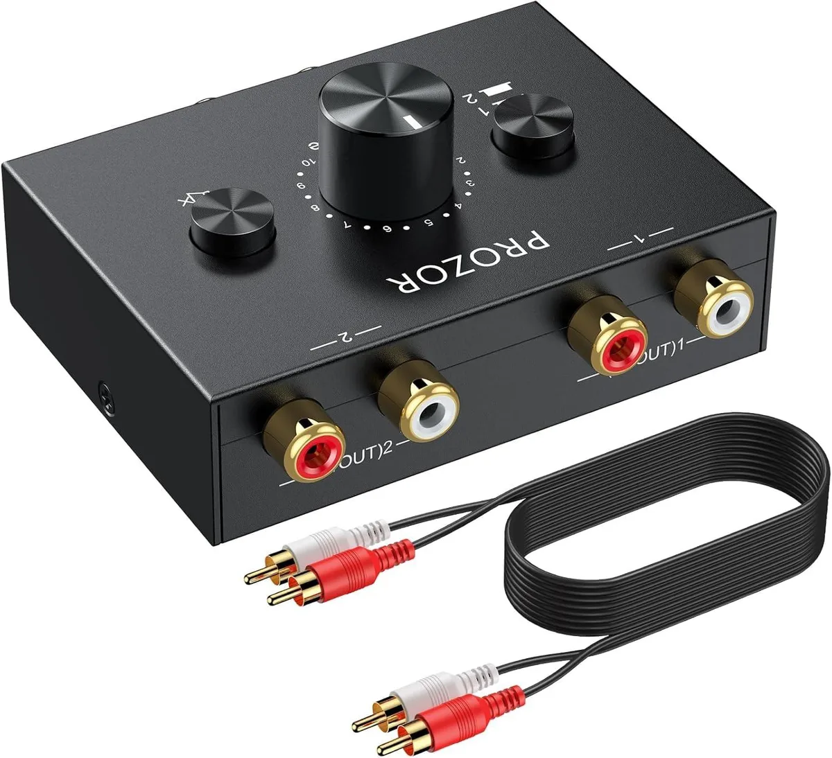 Small black RCA switch box with rotary selector and mute button, 2.0 by 3.0 by .1 inches