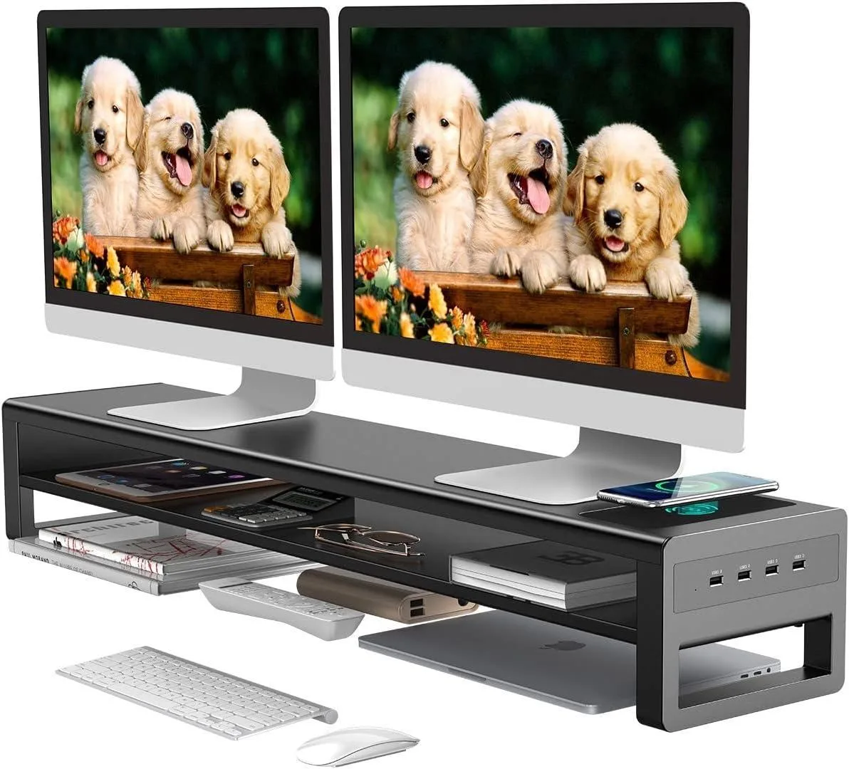 PISKEKAT PISKEKAT 2-Tier Dual Monitor Stand Wireless Charger 4 USB 3.0 — product photo