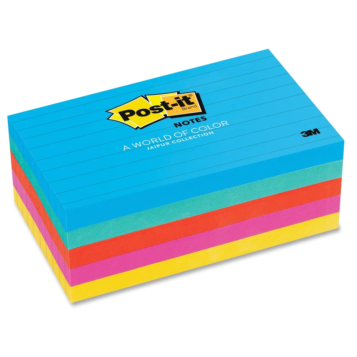 A pack of five Post-it lined sticky note pads in assorted Jaipur colours, 100 sheets each