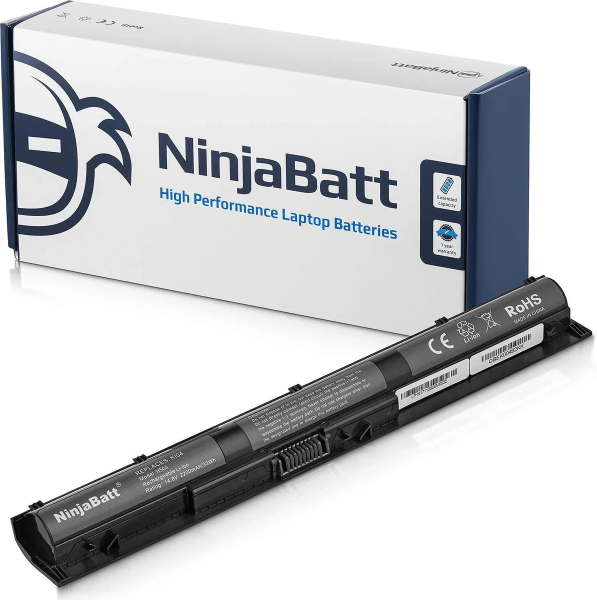 Rectangular black lithium-ion laptop battery with four cells and connector strip