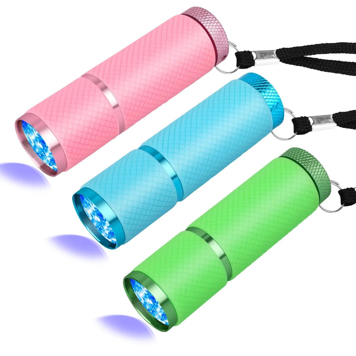Three compact UV flashlights in multicolour aluminium and rubber, 395 nm wavelength