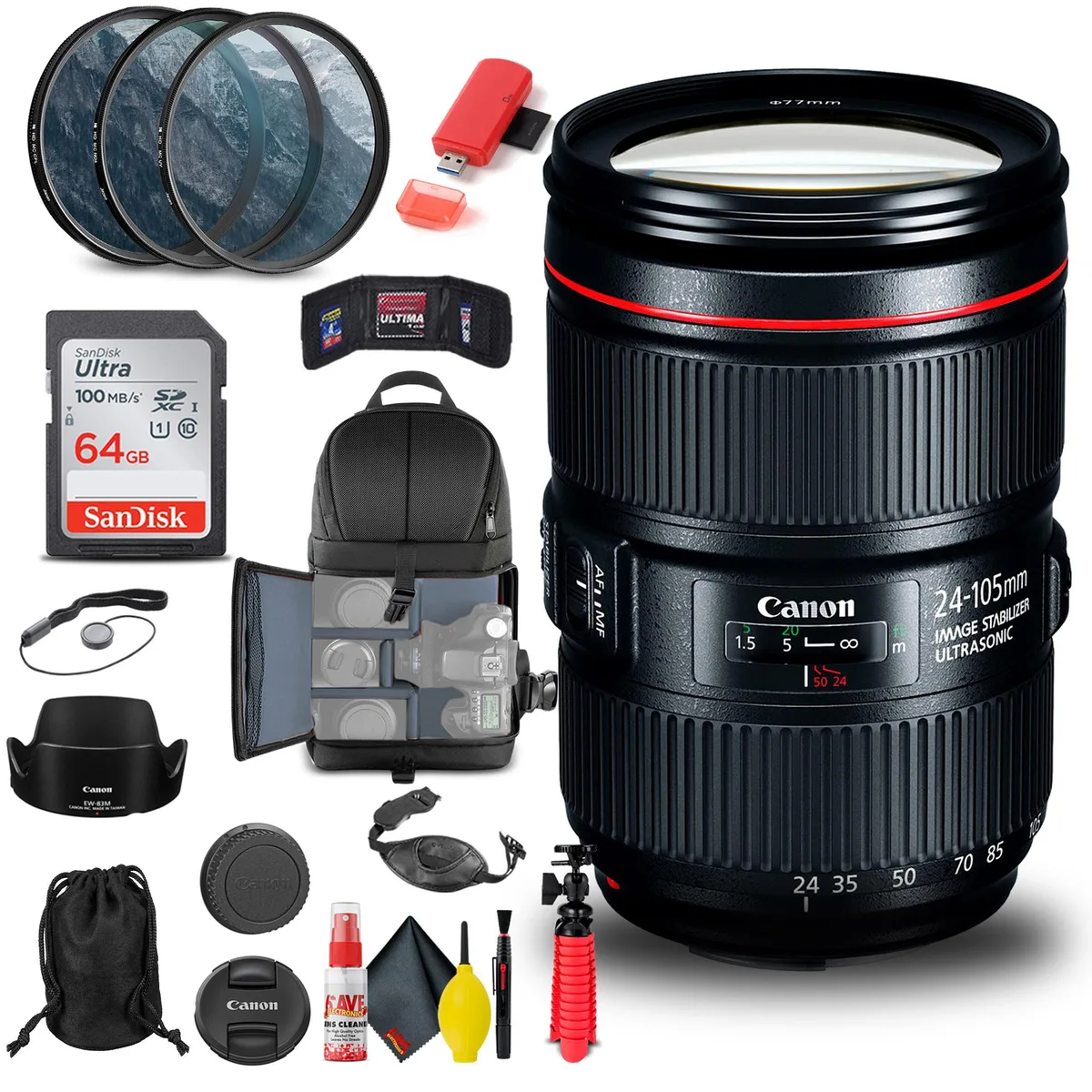 Canon Canon EF 24-105mm f/4L IS II USM Lens Bundle 77mm Filter Kit Backpack 64GB SD Card — product photo