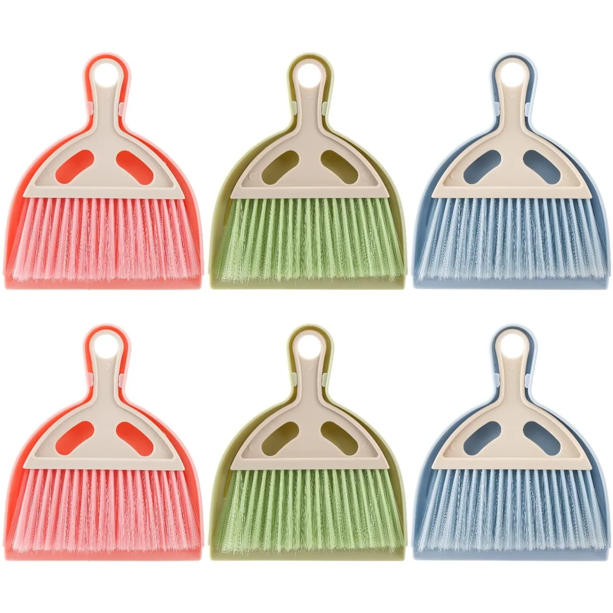 Six mini dustpan and brush sets in pink blue green PP plastic with snap-together handles and hanging holes