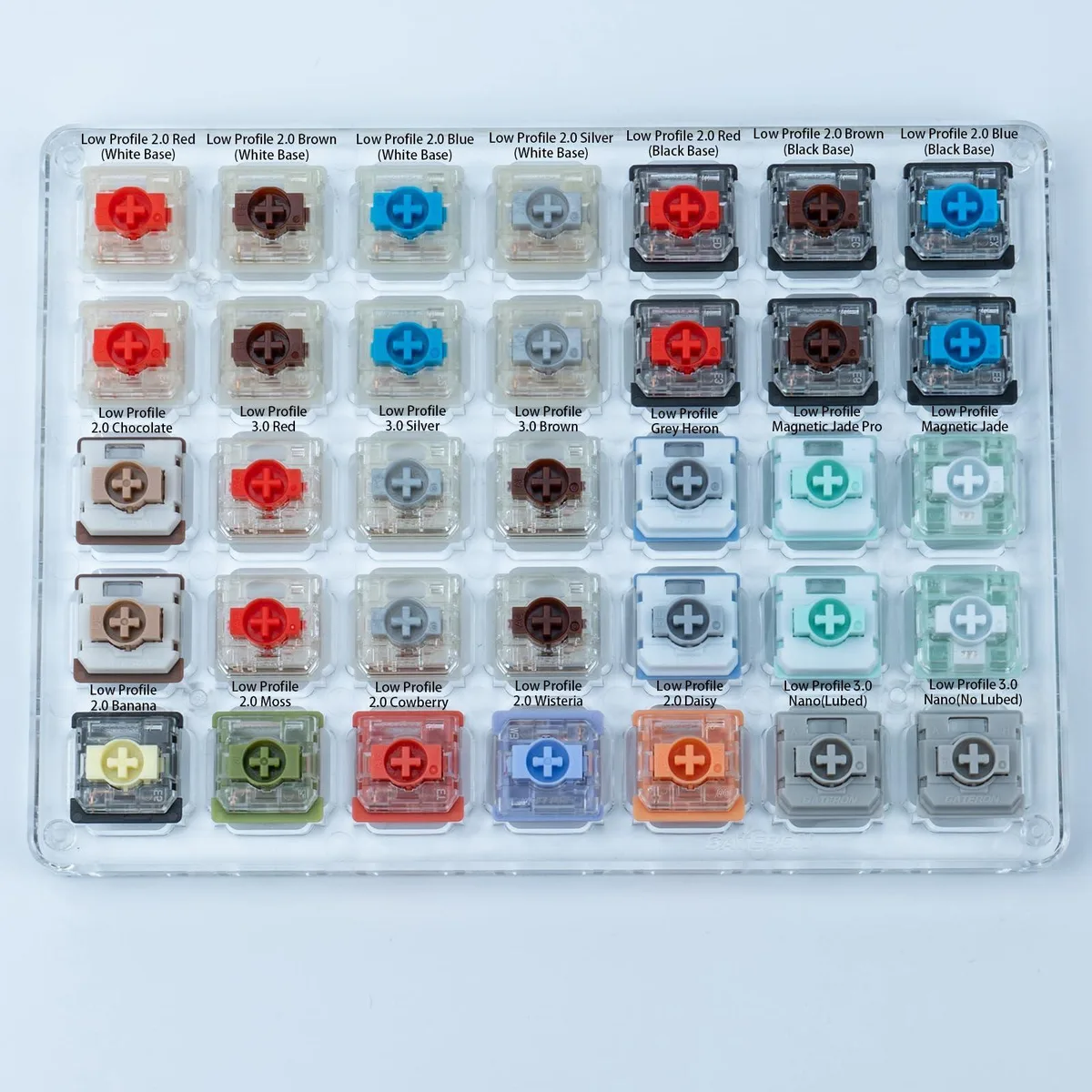 Acrylic box holding thirty-five Gateron low-profile switches with USB-C port