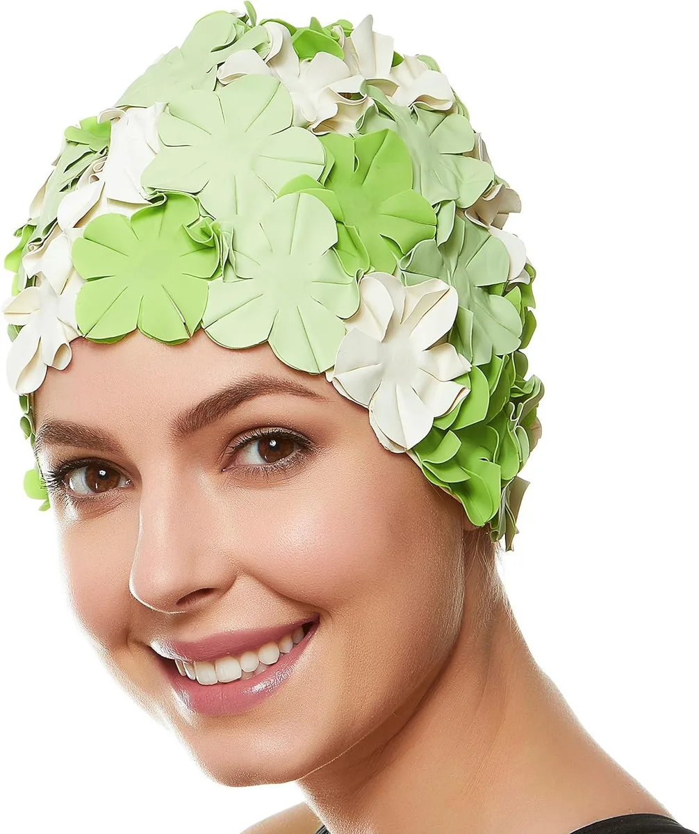 Beemo Beemo Floral Petal Ladies Swim Cap Green White accessory — product photo