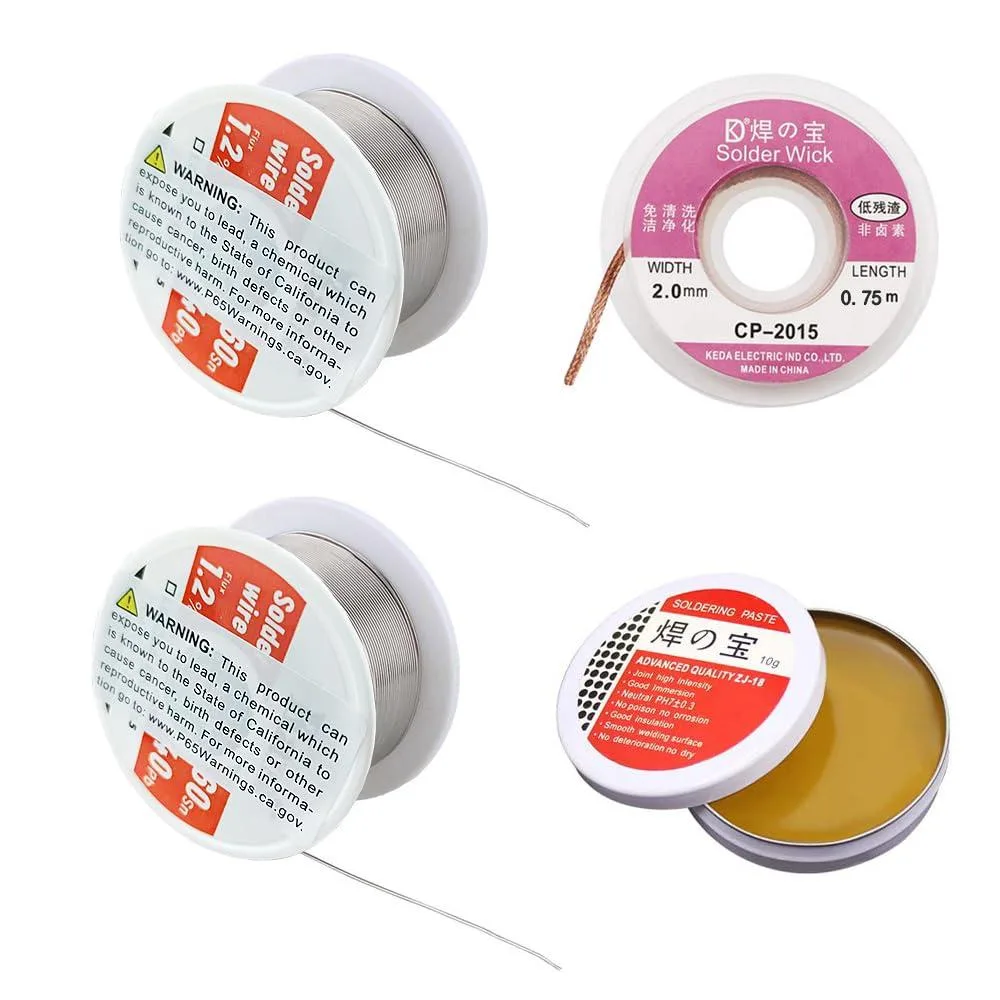 Two spools of .6mm solder wire, a small tub of rosin flux paste, and a 2.0mm by 29.5in desoldering braid in a kit box