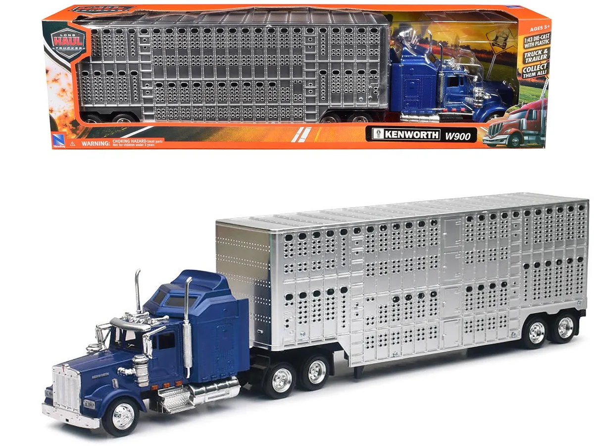 New Ray Toys New Ray Toys Kenworth W900 Blue Potbelly Livestock Trailer Chrome 1/43 Diecast — product photo