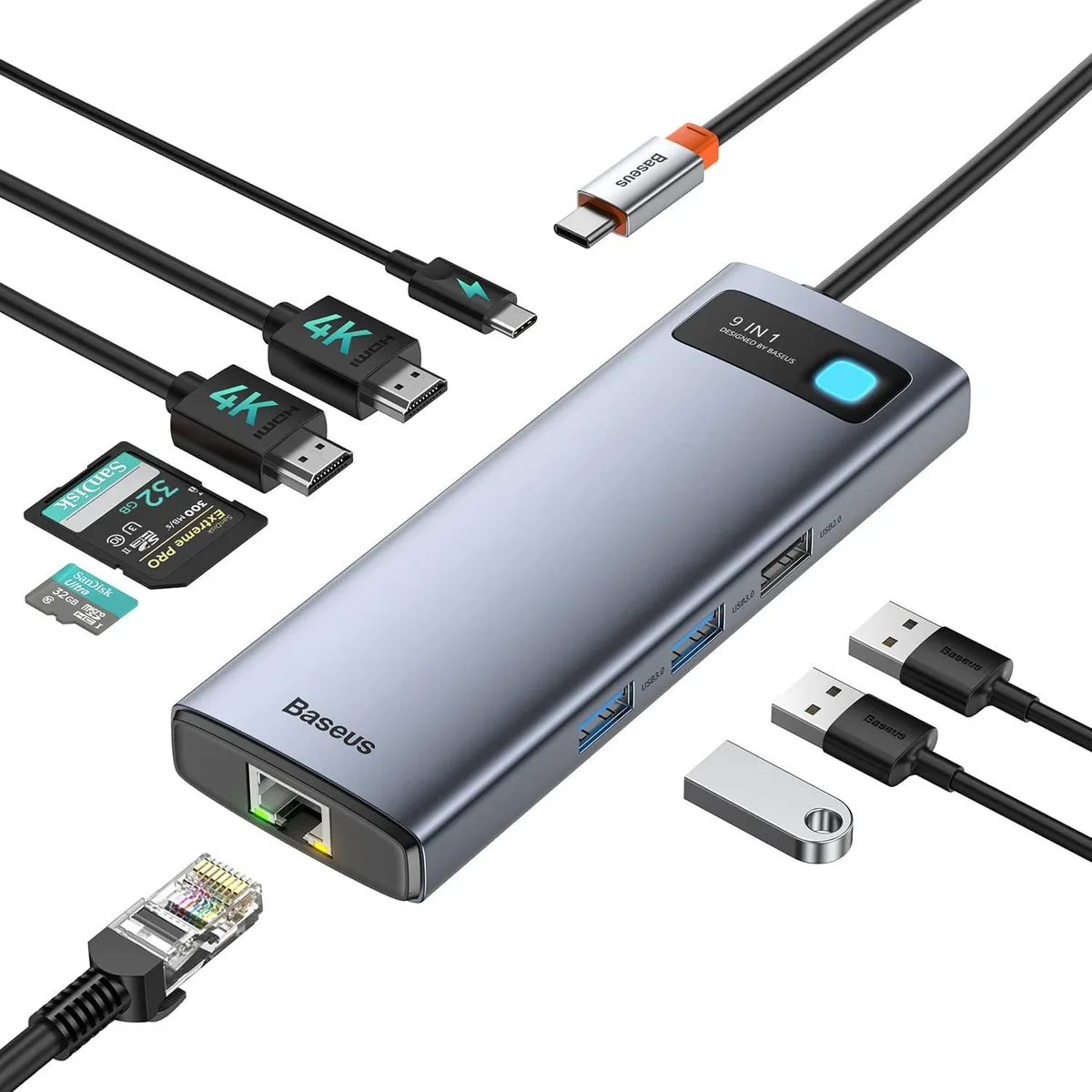 BASEUS BASEUS 9-in-1 USB-C Docking Station Dual 4K HDMI 1000Mbps LAN 100W PD SD/TF 3 USB 85W charging — product photo