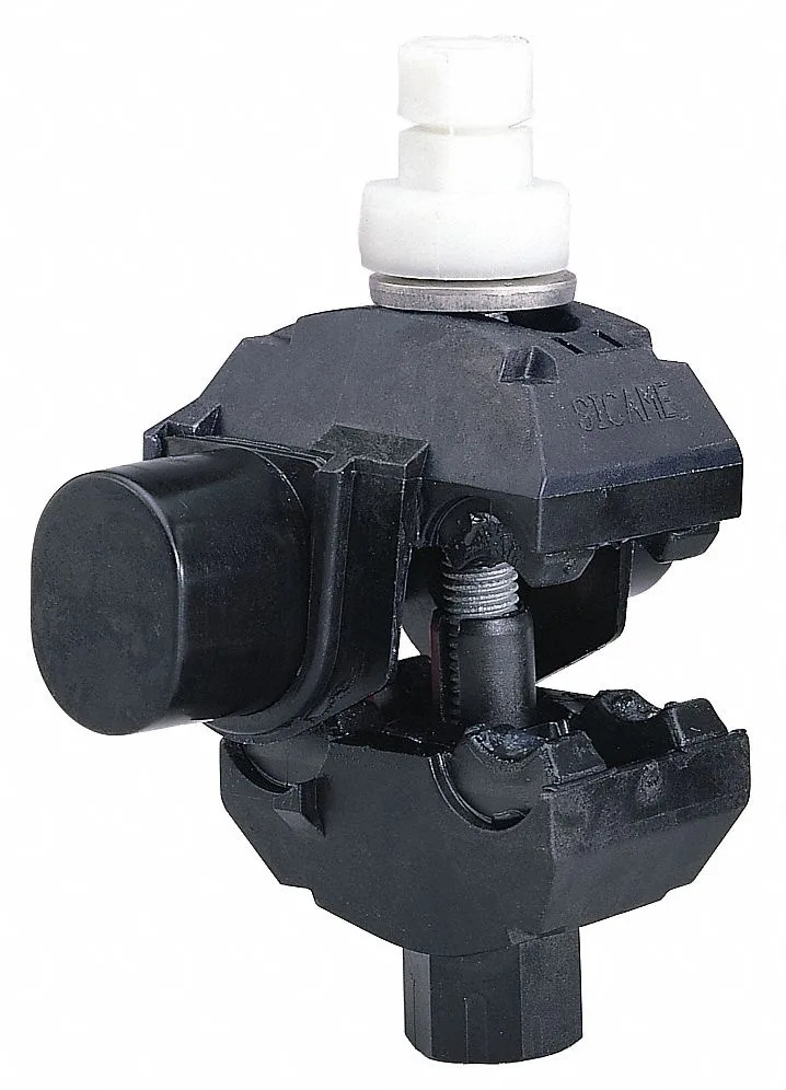 Black insulation displacement connector, 2.2 inches long, two-port run tap design