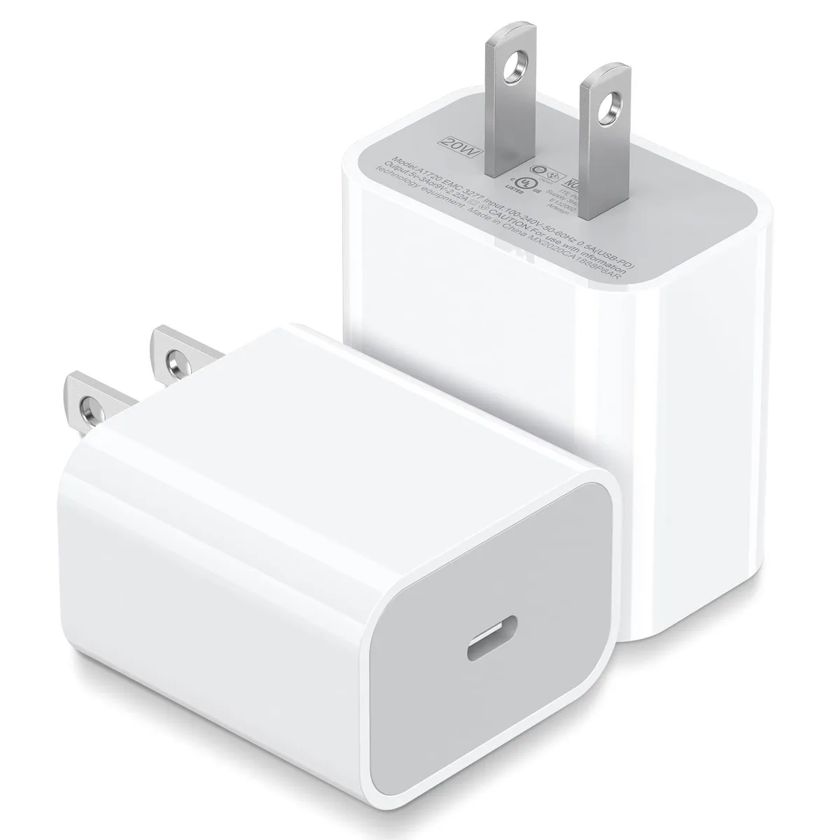 Two white cube USB-C chargers side by side