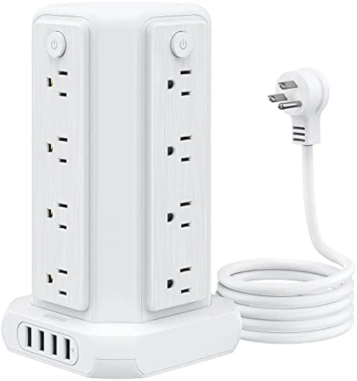 White vertical power strip tower with 16 AC outlets and 4 USB ports