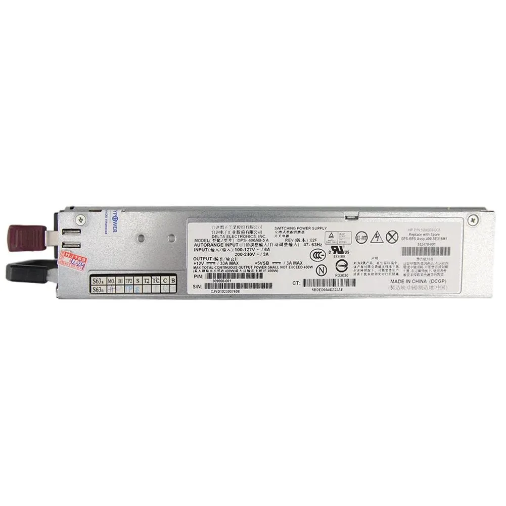 Rectangular silver server PSU with rear fan grille and power socket