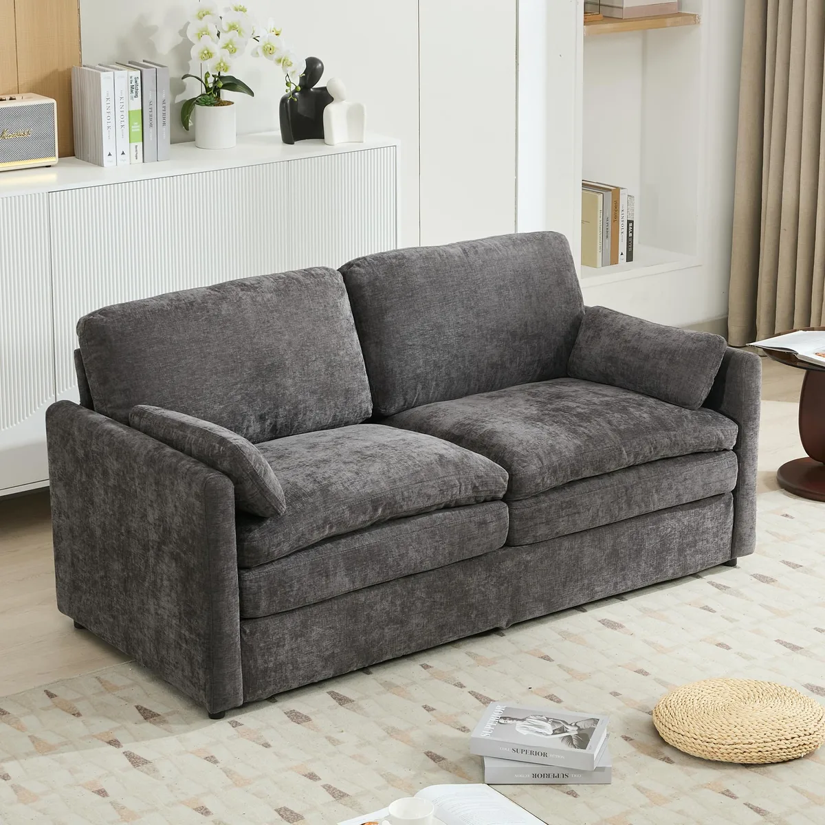 Grey chenille loveseat with double cushions, curved armrests and lumbar pillow
