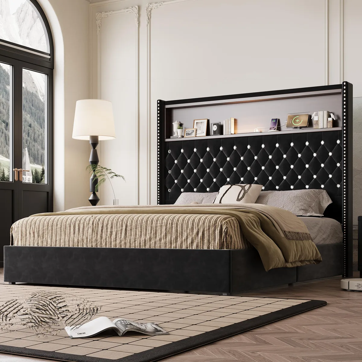 Black velvet queen bed frame with 52-inch tufted wingback headboard, USB port and night light
