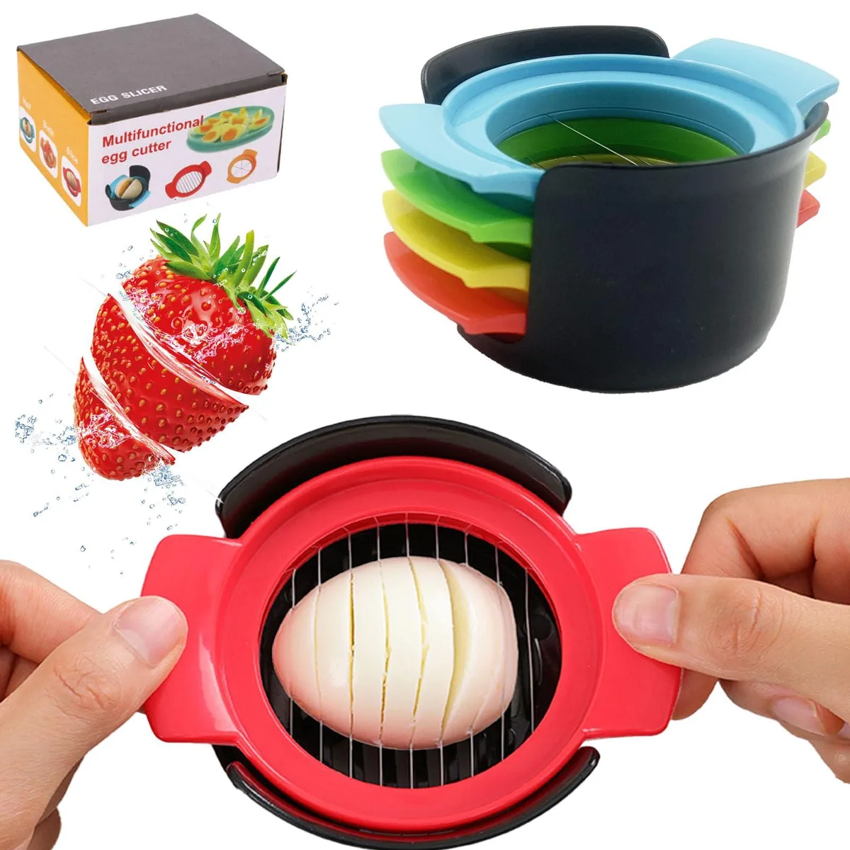 Stainless steel egg slicer with ABS frame, compact rectangular shape, silver wires and white body