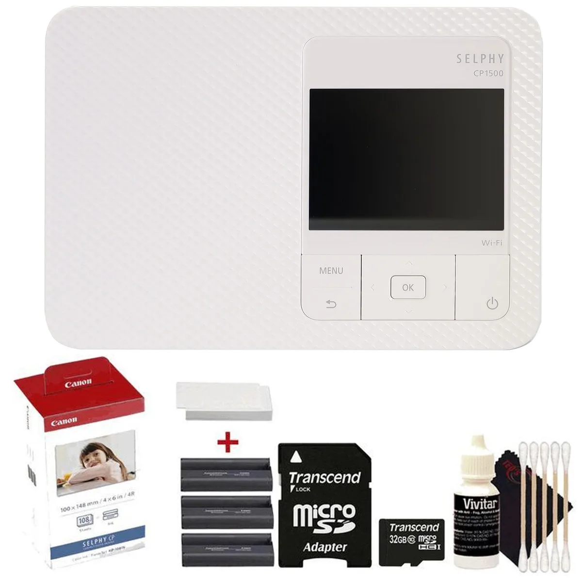 Canon Canon SELPHY CP1500 White Printer Kit with KP-108IN Ink Paper 32GB Card Cleaning Kit — product photo