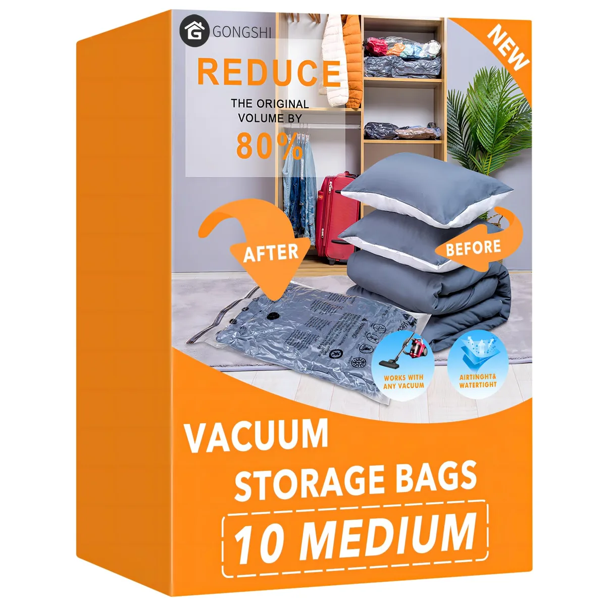 Grey vacuum storage bags in a pack of ten, medium size, double zip seal and triple seal valve visible