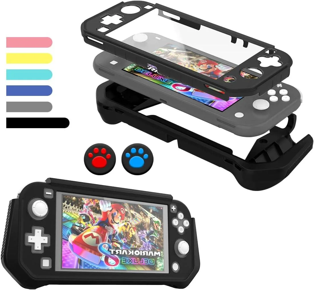 Black protective case for Nintendo Switch Lite with built-in screen and detachable TPU grip, matte finish