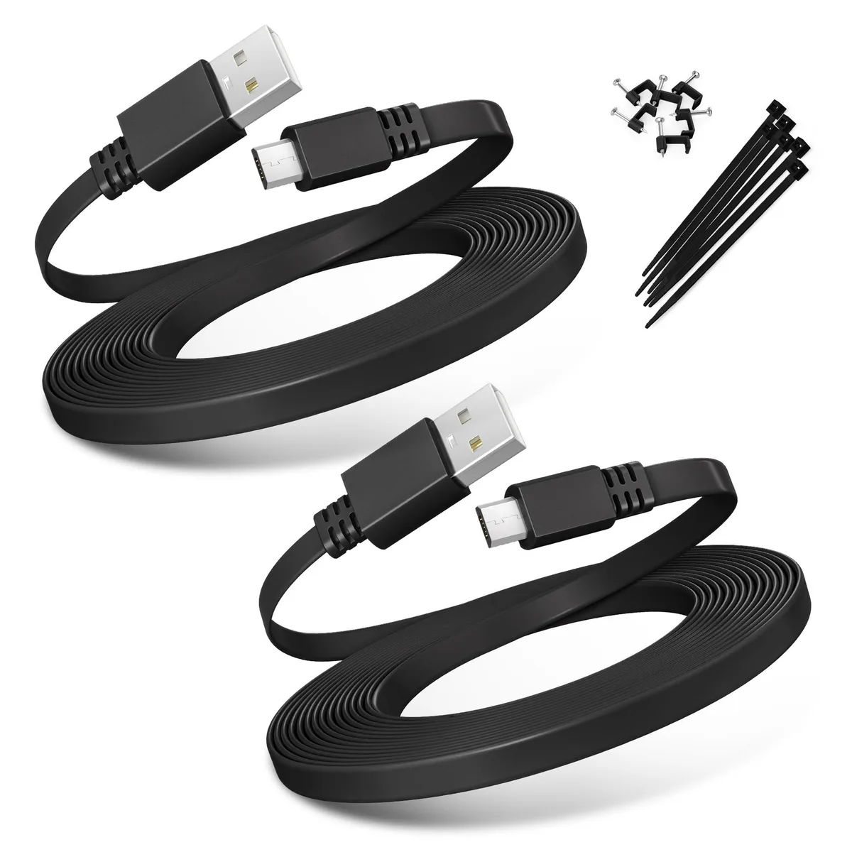 Two orange flat micro USB power cables coiled together, 30 feet each