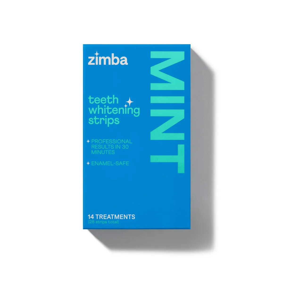 White rectangular box with mint-flavored teeth whitening strips packaging