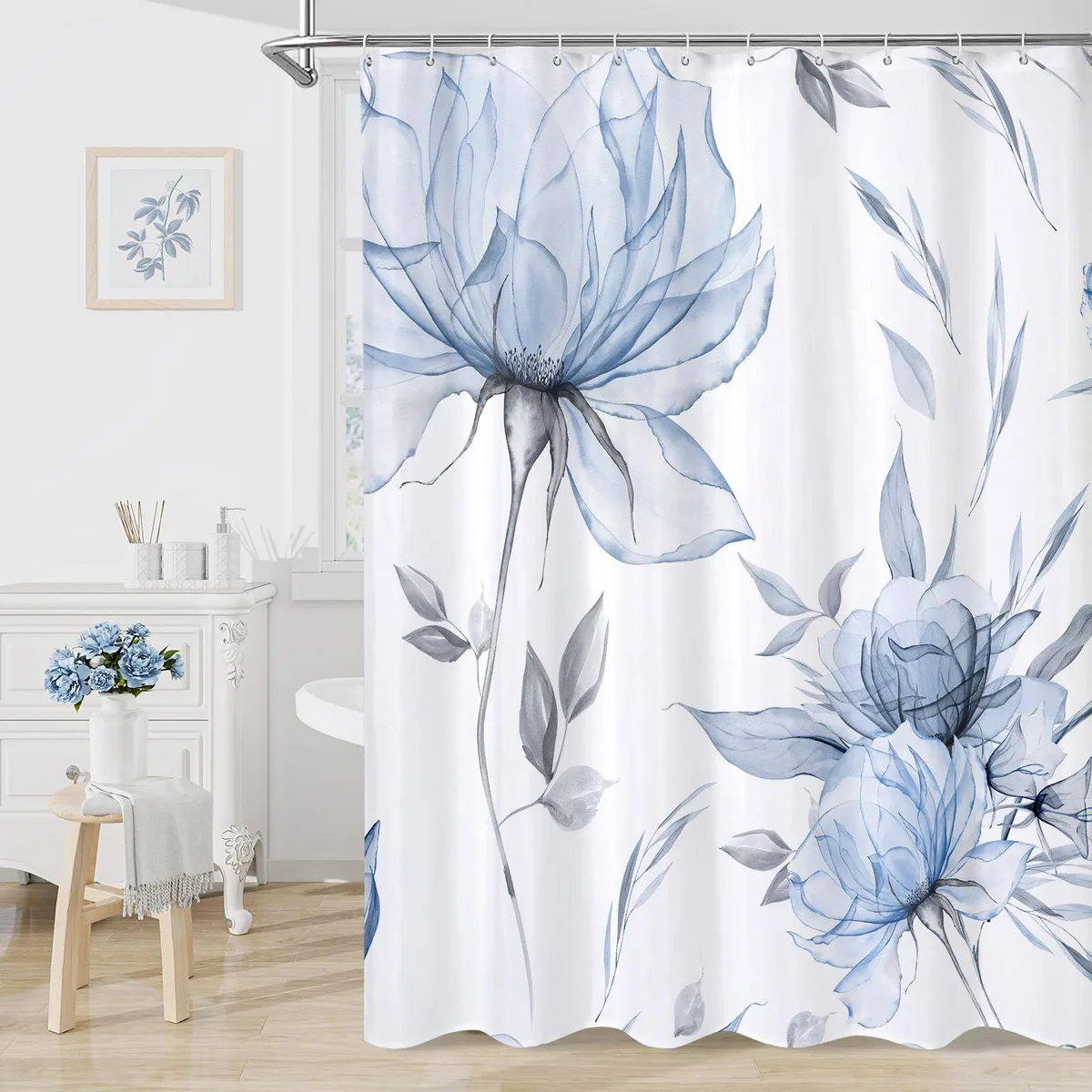  Blue Grey Watercolor Floral Shower Curtain 72x72 — product photo