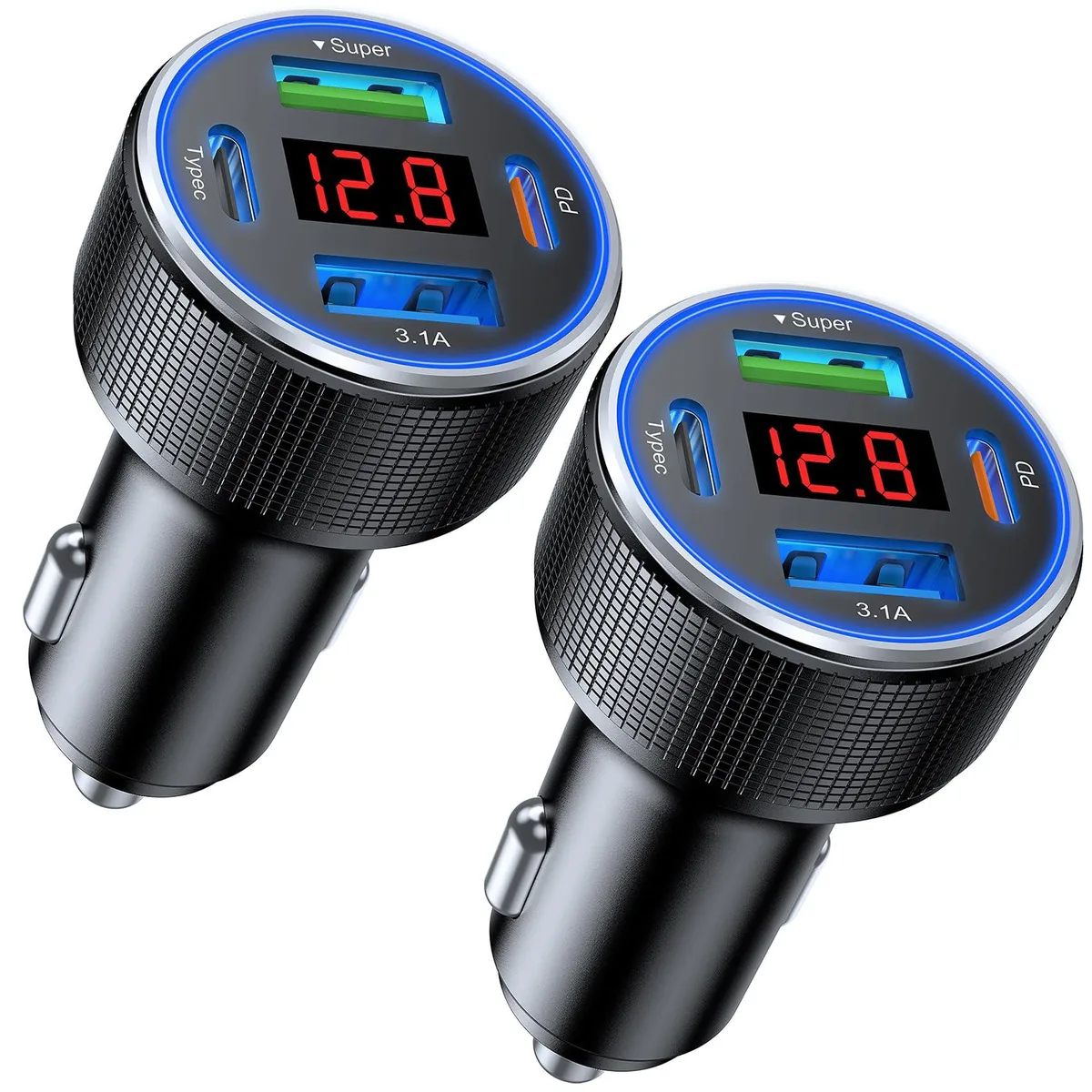 Two silver metal car chargers with four USB ports and a small LED voltage display
