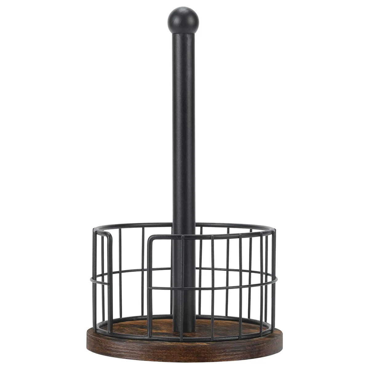 Wooden base paper towel holder with matte metal stand and wire grid, 13 inch height, 7.5 inch base