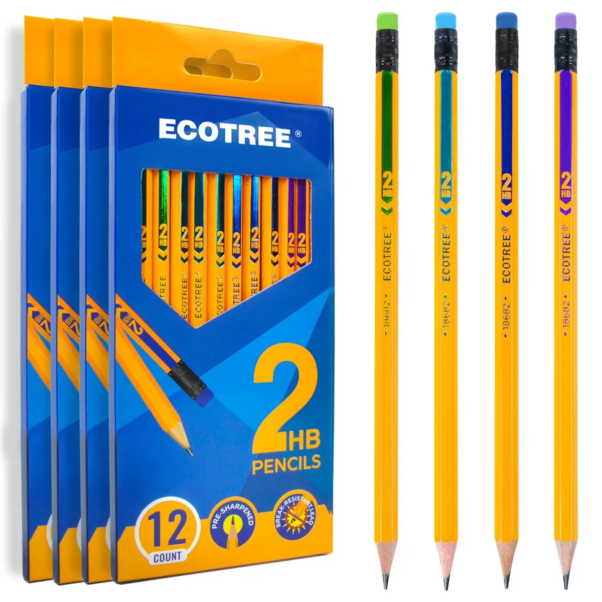 A yellow wooden box holding forty-eight hexagonal HB pencils with erasers