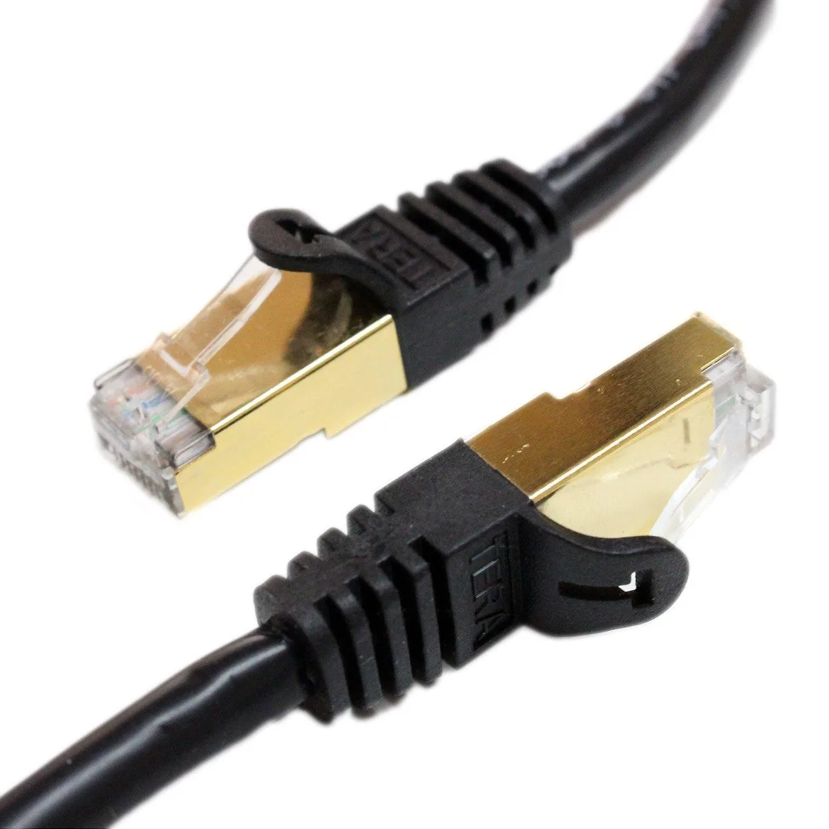 Black round CAT7 patch cable with gold shielded RJ45 plugs, 7 feet long