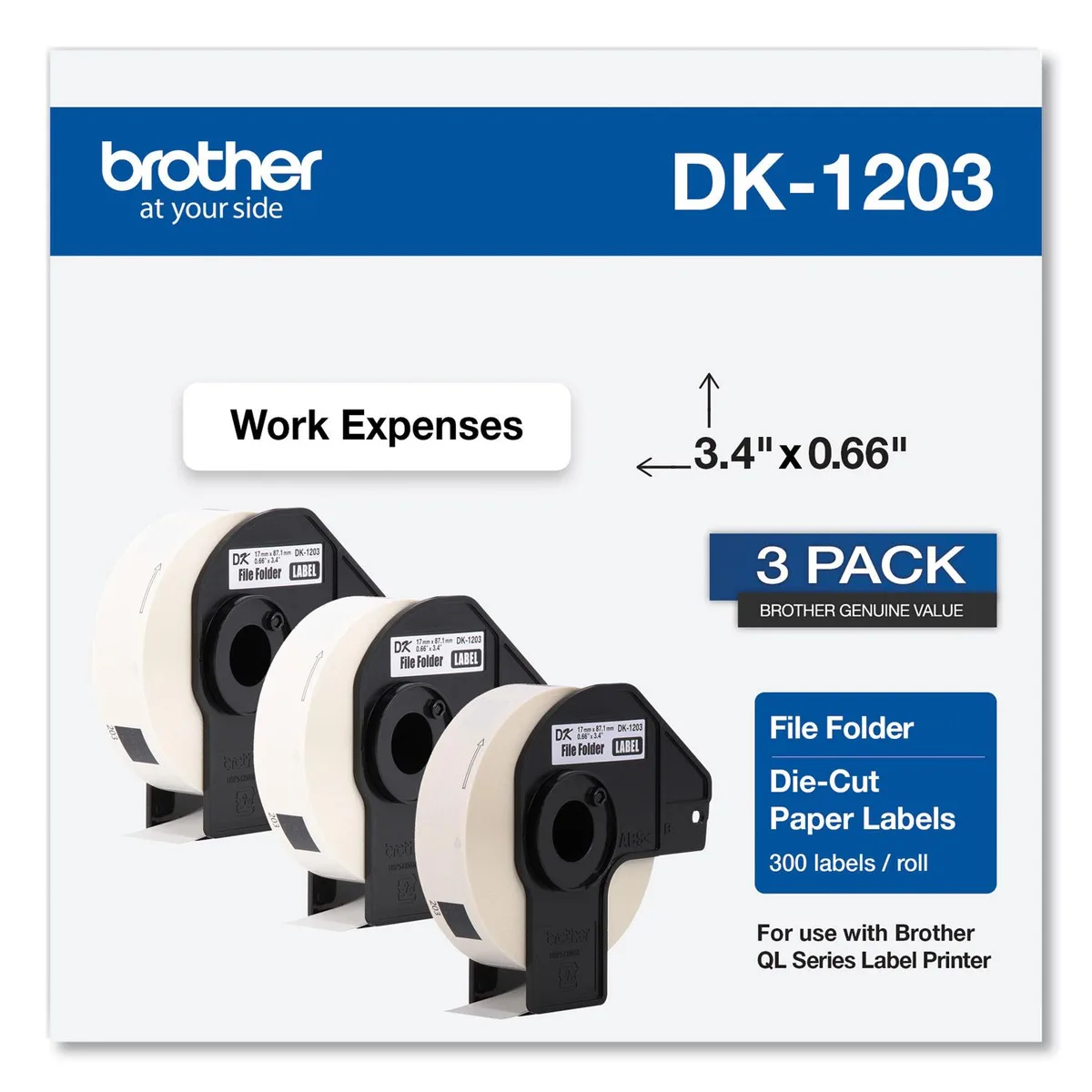 Brother Brother DK12033PK Die-Cut Labels 0.66 x 3.4 White 300/Roll 3 Rolls pos accessory — product photo